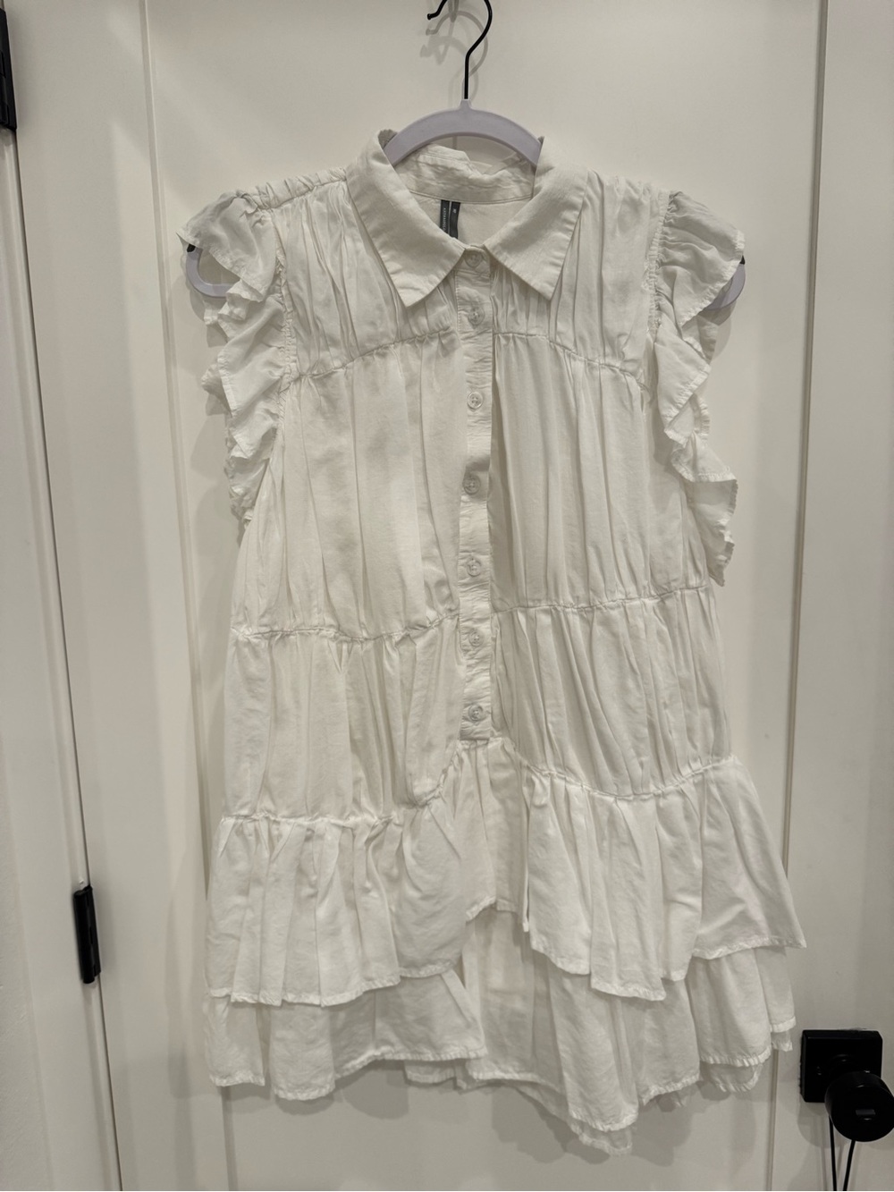 Anthropologie  White Ruffled Tiered Button-Front Dress